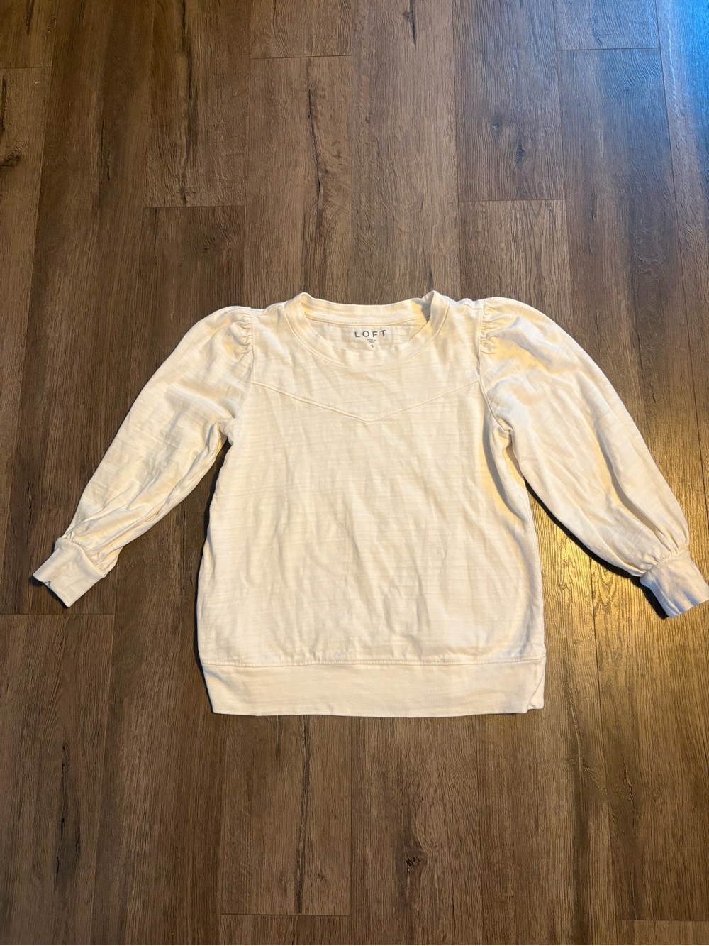 LOFT White Puff Sleeve Quarter Sleeve Top Small 100% Cotton Crew Neck Blouse